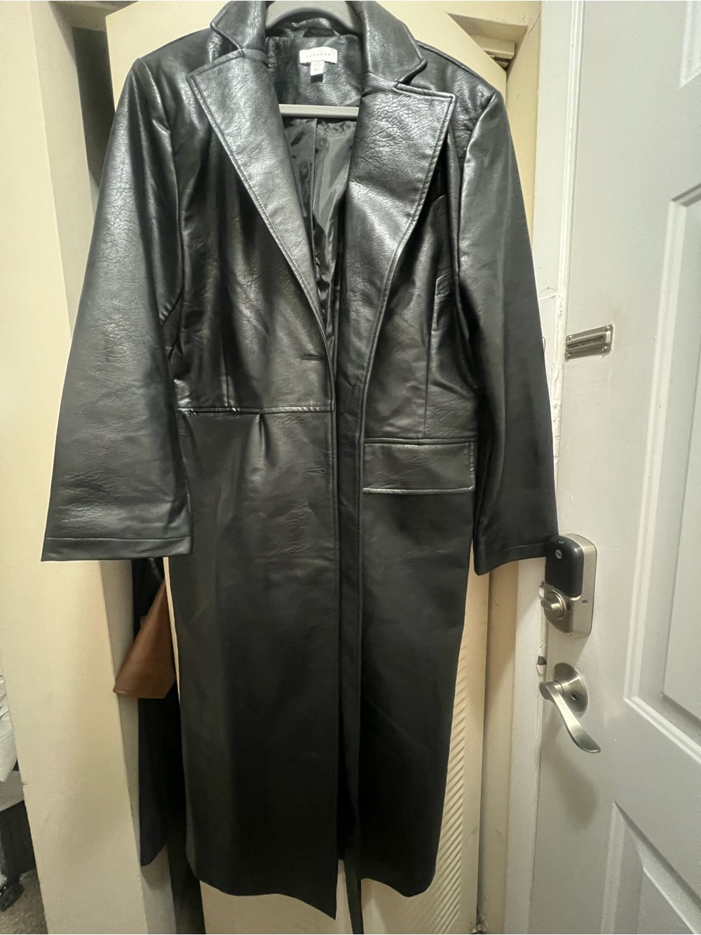 Topshop Black Long Leather Coat - Women's Classic Trench